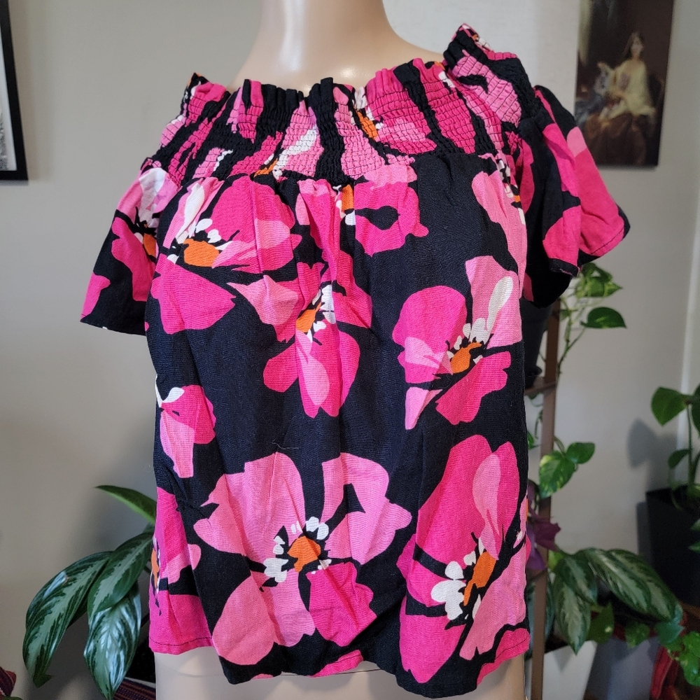 Who What Wear Pink and Black Floral Blouse